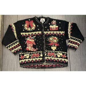 Vintage Tiara International Christmas Cardigan Sweater Black Size Large Buttons